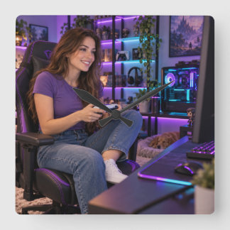 Horloge Carrée Femme Gamer Chambre de jeu violette