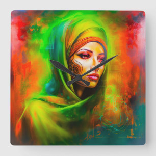 Horloge Carrée Femme mystique aux couleurs du néon