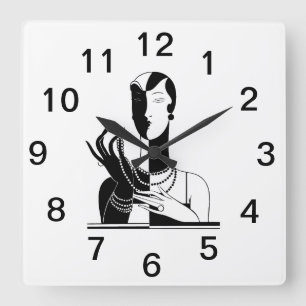 Horloge Carrée Femme vintage Art Déco avec perles noir blanc