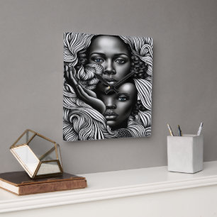 Horloge Carrée Femmes Afro-Américaines Abstrait Noir & Blanc