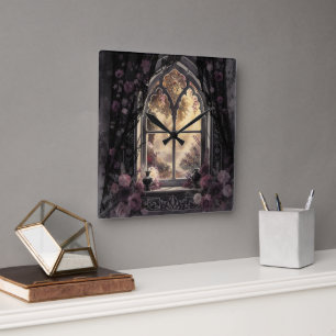 Horloge Carrée Fenêtre de cathédrale gothique Art de roses violet