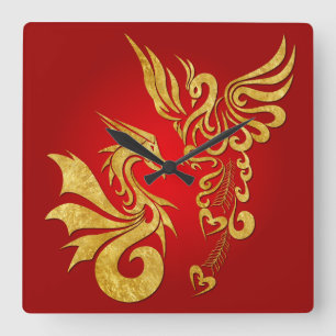 Horloge Carrée Feng Shui Golden Phoenix & Dragon Clock - red