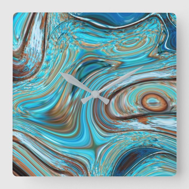 Horloge Carrée ferme bleu turquoise Tourbillons turquoise à grain (Recto)