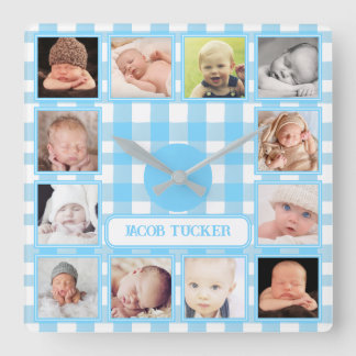 Horloge Carrée Ferme en vichy bleu Garçon Chambre de bébé 12 phot