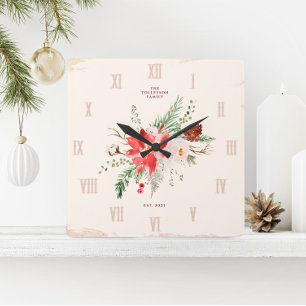 Horloge Carrée Ferme Noël hiver Poinsettia Rustique
