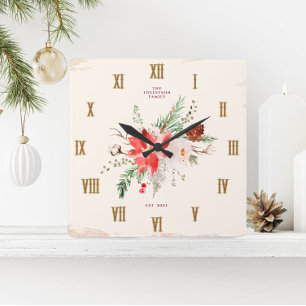 Horloge Carrée Ferme Noël hiver Poinsettia Rustique