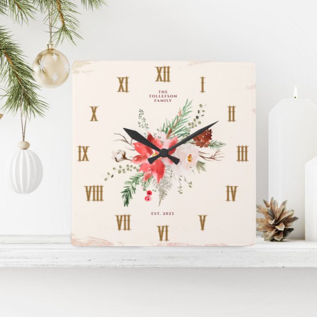 Horloge Carrée Ferme Noël hiver Poinsettia Rustique (Christmas Clock - Rustic Farmhouse Vintage Poinsettia Winter Greenery)