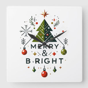 Horloge Carrée Festive Joyeux et brillant Design d'arbre de Noël