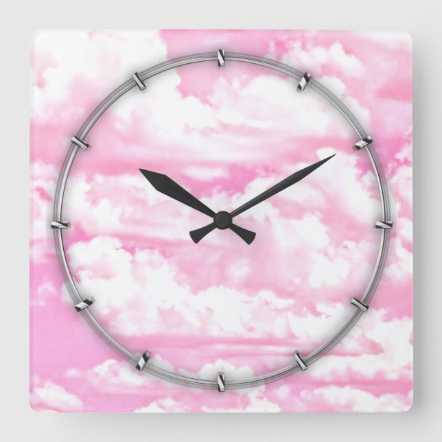 Horloge Carrée Festive Pastel nuages heureux rose (Recto)