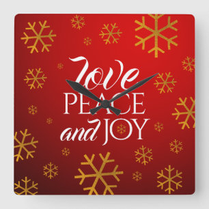 Horloge Carrée Festive Red Love, Peace and Joy with Snowflakes
