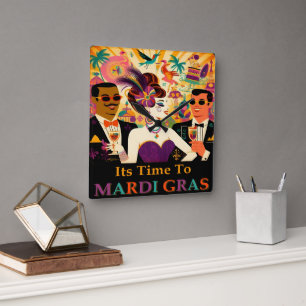 Horloge Carrée Fête de Cocktail Mardi Gras du Milieu du Siècle
