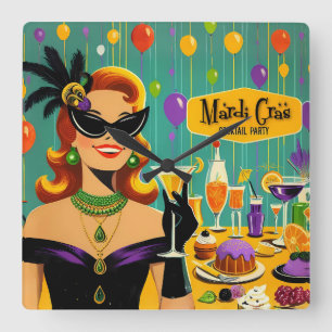 Horloge Carrée Fête de cocktail rétro Mardi Gras des années 50