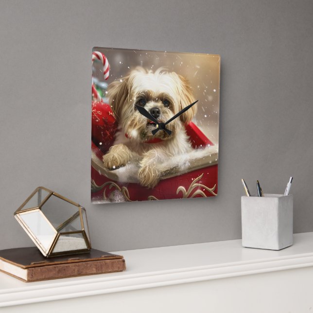 Horloge Carrée Fête de Noël de Chien Malti Tzu (Bureau)