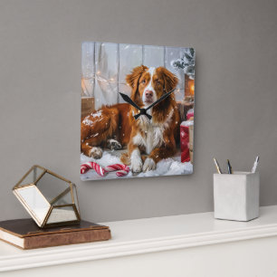 Horloge Carrée Fête de Noël du chien Toller de Nouvelle-Écosse