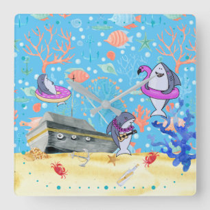 Horloge Carrée Fête de requin de mer profonde sous l'eau pour enf