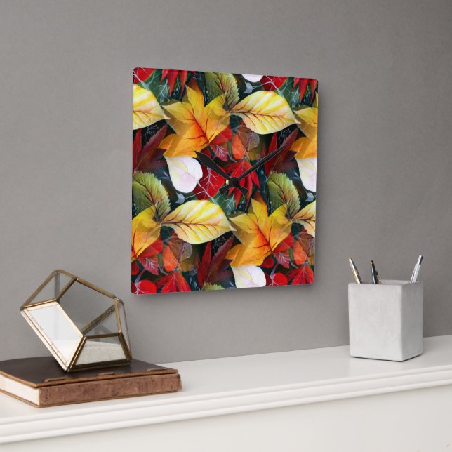 Horloge Carrée Feuillage d'automne éphémère dans l'aquarelle Vivi (Bureau)