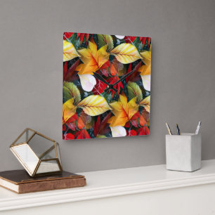 Horloge Carrée Feuillage d'automne éphémère en aquarelle vivante