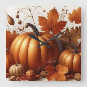 Horloge Carrée Feuillage d'automne et Citrouille