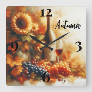 Horloge Carrée Feuillage d'automne, tournesol, vin et raisin