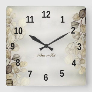 Horloge Carrée Feuillage d'eucalyptus doré aquarelle élégant bril