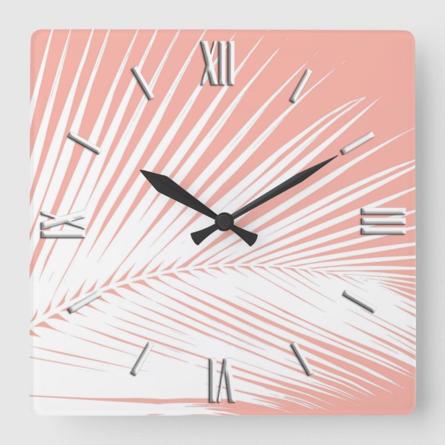 Horloge Carrée Feuille de palme - blanc sur corail rose (Recto)