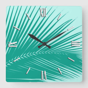 Horloge Carrée Feuille de palme - Turquoise et aqua