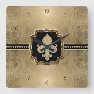 Horloge Carrée Feuille d'or Fleur de Lis Faux Bijou Vintage