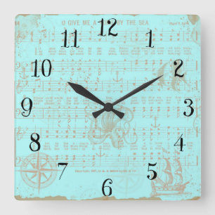 Horloge Carrée Feuille musicale nautique turquoise vintage