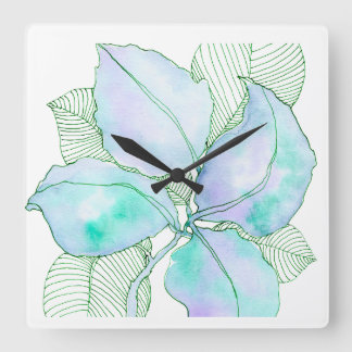 Horloge Carrée Feuilles botaniques aquarelle vert menthe lavande
