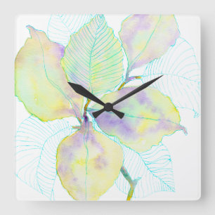 Horloge Carrée Feuilles botaniques aquarelles jaune vert pastel