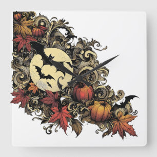 Horloge Carrée Feuilles d'automne. Motif d'Halloween.