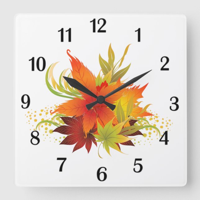 Horloge Carrée Feuilles d'automne Thanksgiving Nombres noirs (Recto)