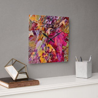 Horloge Carrée Feuilles D'Automne Transformées En Aquarelle Mur