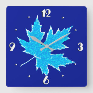 Horloge Carrée Feuilles de chêne - bleu et blanc