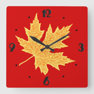 Horloge Carrée Feuilles de chêne - rouge profond et safran