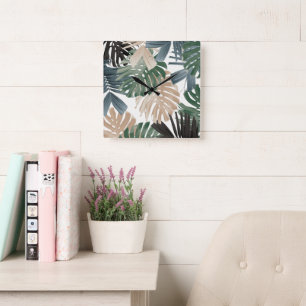 Horloge Carrée Feuilles de jungle tropicale Monstera 3