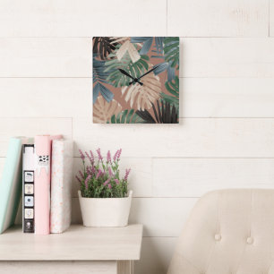 Horloge Carrée Feuilles de jungle tropicales Monstera 2