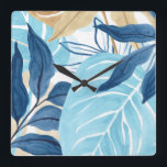 Horloge Carrée Feuilles de la Jungle Bleue<br><div class="desc">Blue Jungle IV par Juin Erica Vess. Des feuilles tropicaux aux couleurs abstraites sont réunis dans cette oeuvre d'art. | 163238Z</div>