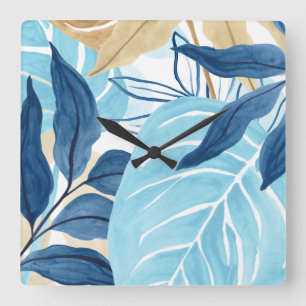 Horloge Carrée Feuilles de la Jungle Bleue