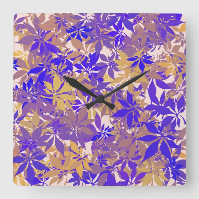 Horloge Carrée Feuilles de marron chêne bleu violet et bronze (Recto)