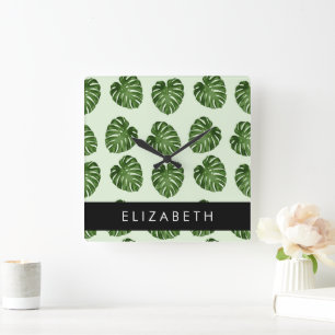 Horloge Carrée Feuilles de palme, Motif tropical, Votre nom