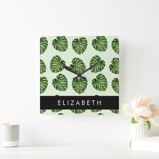 Horloge Carrée Feuilles de palme, Motif tropical, Votre nom (Maison)