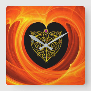 Horloge Carrée FEUILLES D'OR, jaune orange noir