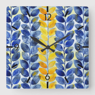 Horloge Carrée Feuilles jaune et bleu