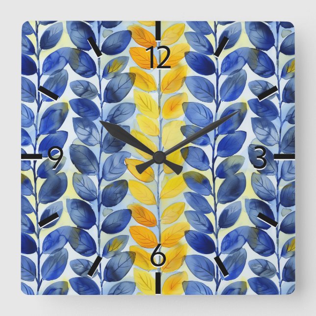 Horloge Carrée Feuilles jaune et bleu (Recto)