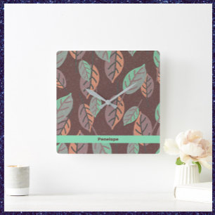 Horloge Carrée Feuilles modernes Mint Green Orange et violet