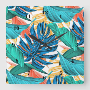 Horloge Carrée Feuilles tropicaux exotiques -