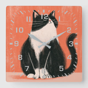 Horloge Carrée Fier Minimaliste Chat Tuxedo sur Orange
