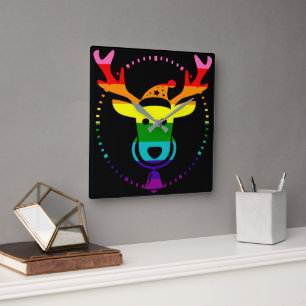 Horloge Carrée Fierté LGBTQ Rainbow Cute Reindeer Head Noël S