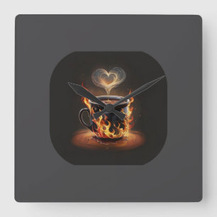 Horloge Carrée Fiery Christmas Coffee Cup avec Heart Steam Art